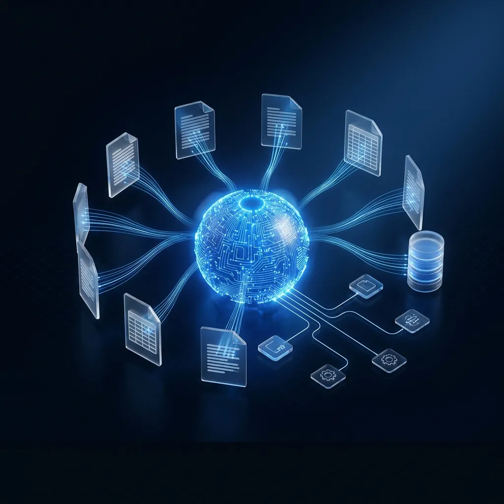 Glowing AI core connected to documents, spreadsheets and a database, with lines branching out to automated workflow tiles