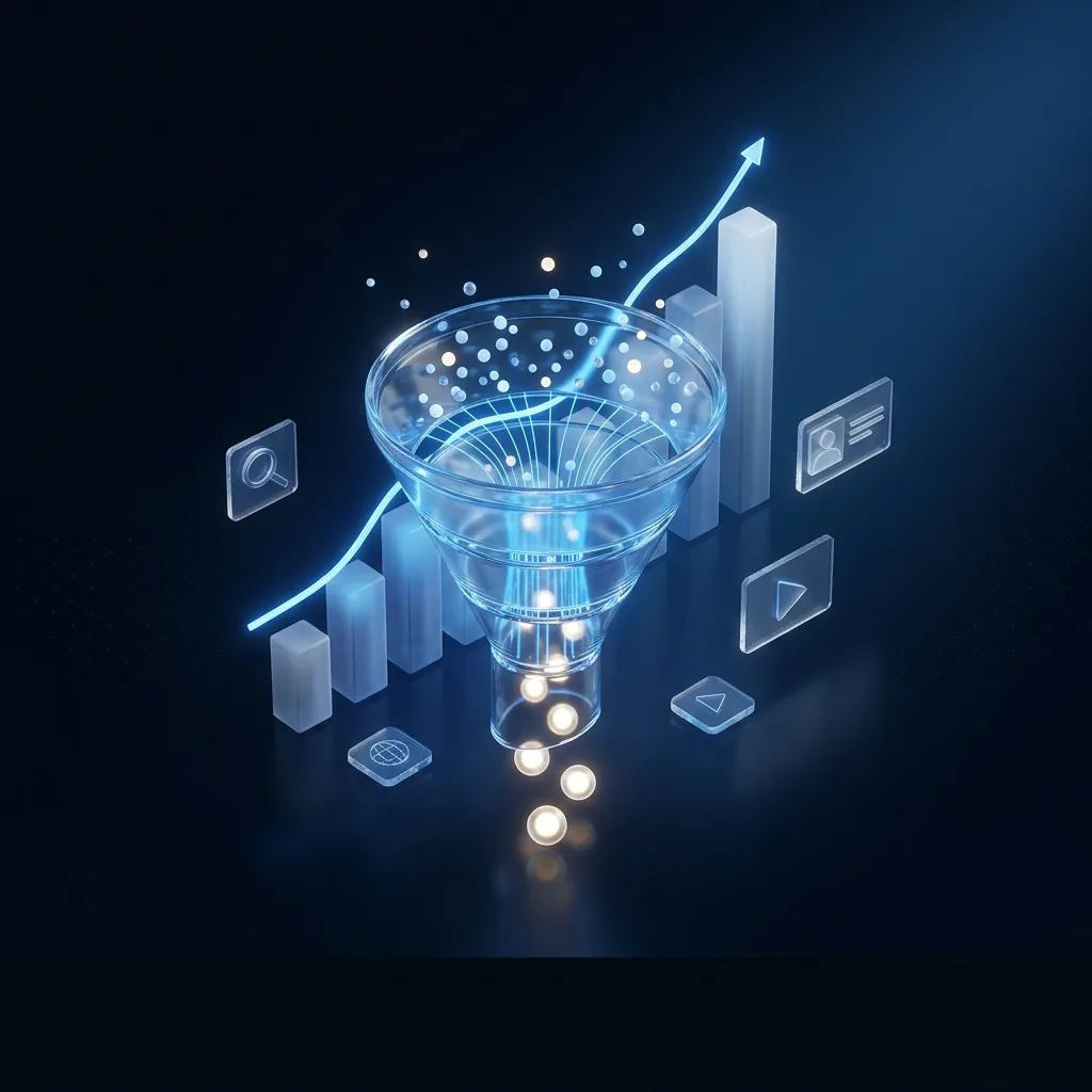 Glass sales funnel turning incoming leads into customers, with a rising revenue chart and search, video and CRM icons